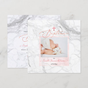 PixDezines Marbre Blanc, Baptême Fille Invitation