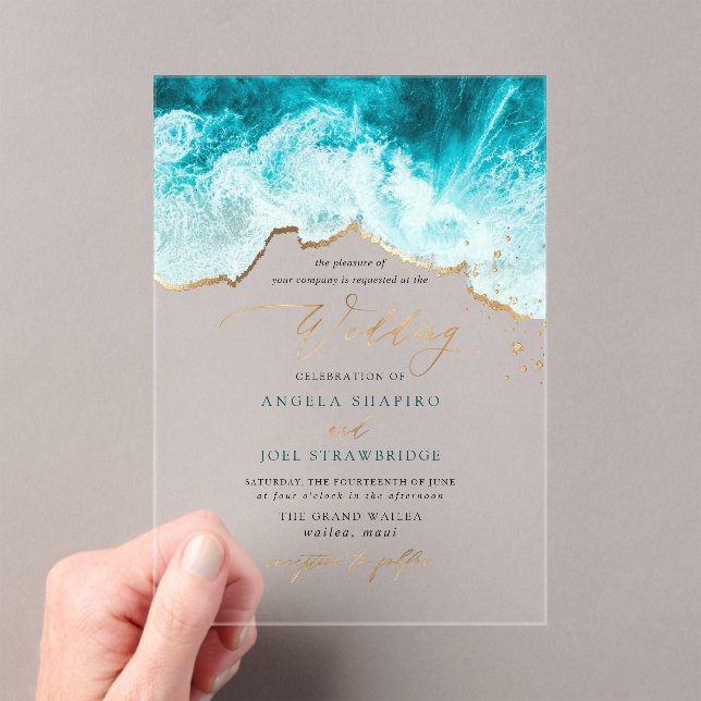 PixDezines Marine Waves Shoreline Beach Wedding Acrylic Invitations (Insitu (Handheld))