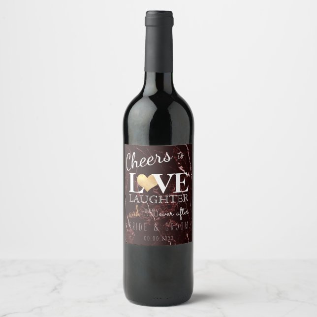PixDezines Masala Red Marble+Faux Gold Heart Wine Label (Front)