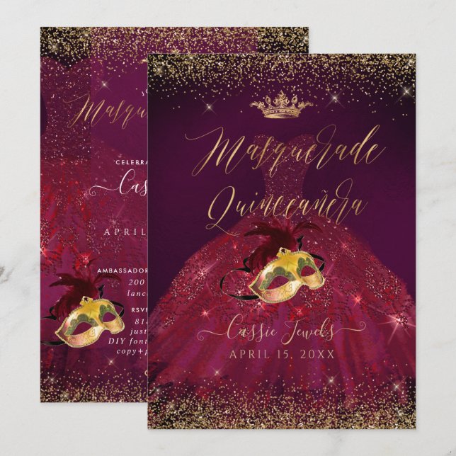 PixDezines Masquerade Quinceanera Burgundy Gold Invitation (Front/Back)
