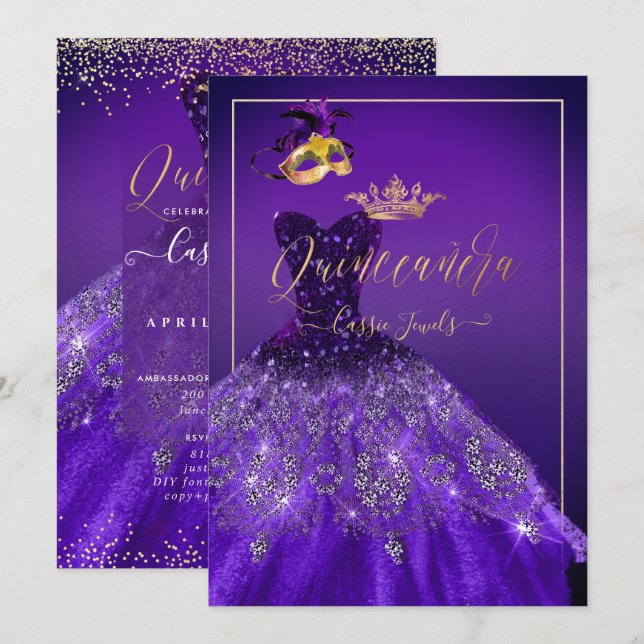 PixDezines Masquerade Quinceanera, Dark Purple Invitation (Front/Back)