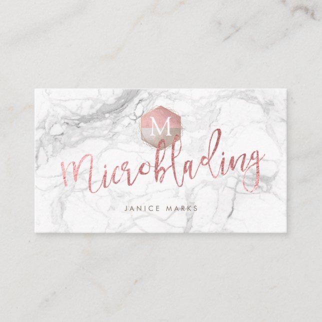 PIXDEZINES MICROBLADING MARBLE FAUX ROSE GOLD BUSINESS CARD (Front)