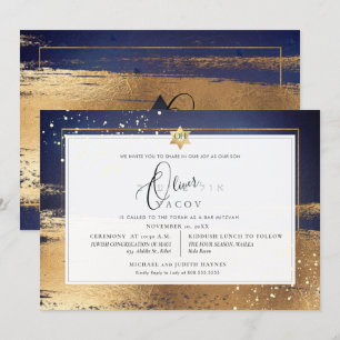PixDezines MIDNIGHT BLUE GOLD BRUSHSTROKE Mitzvah Invitation