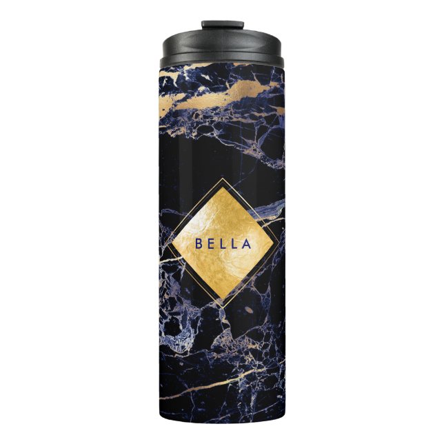 PixDezines MIDNIGHT BLUE MARBLE FAUX GOLD VEINS Thermal Tumbler (Front)
