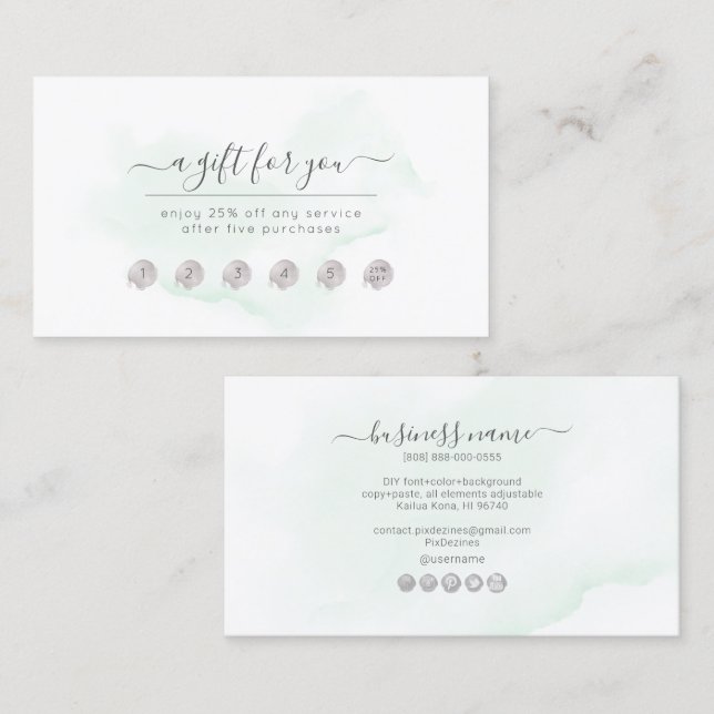 PixDezines Mint Green Watercolor Reward Card (Front/Back)