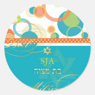 PixDezines Mod Bubbles, retro Bat Mitzvah/teal Classic Round Sticker