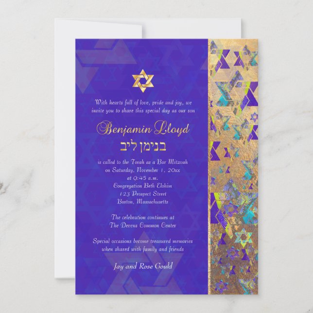 PixDezines mod stars Bar Mitzvah Purple Gold Invitation (Front)