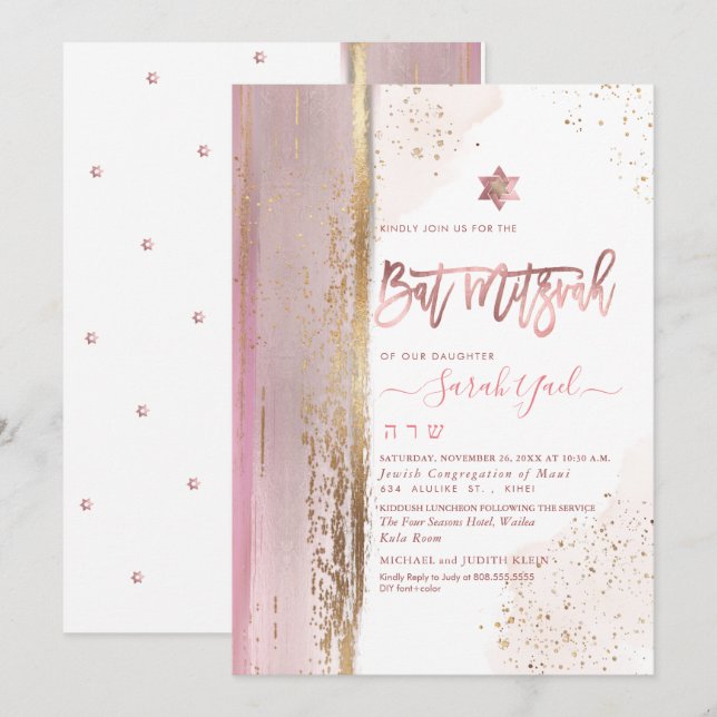 PixDezines Modern Abstract Tallit Bat Mitzvah Rose Invitation (Front/Back)