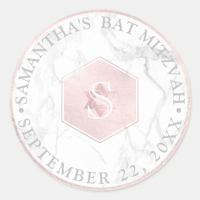 PixDezines Monogram Blush Pink Honeycomb Mitzvah Classic Round Sticker (Front)