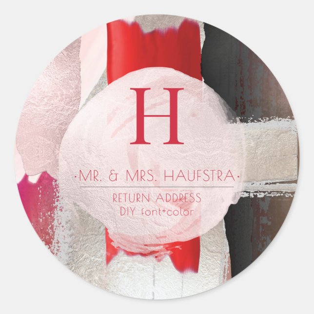 PixDezines Monogram, Blush+Red Colour Block Classic Round Sticker (Front)