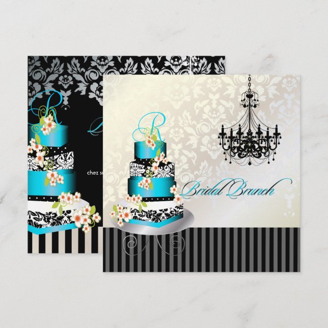 PixDezines monogram bridal brunch, teal blue cake Invitation (Front/Back)