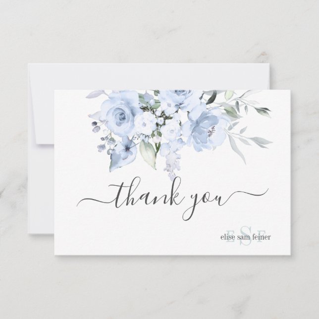 PixDezines Monogram Dusty Blue Roses Thank You Card (Front)