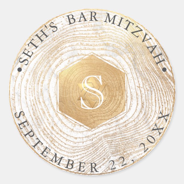 PixDezines Monogram Faux Gold Tree Rings Mitzvah Classic Round Sticker (Front)