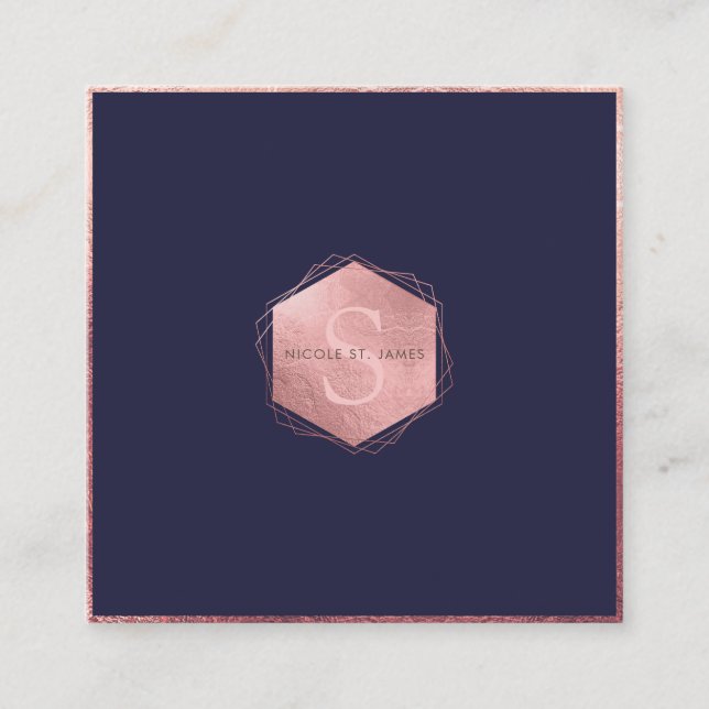 PixDezines MONOGRAM/FAUX ROSE GOLD, NAVY BLUE Square Business Card (Front)