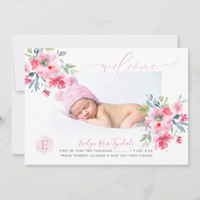 PixDezines Monogram+Garden Roses Birth Baby Girl Announcement (Front)