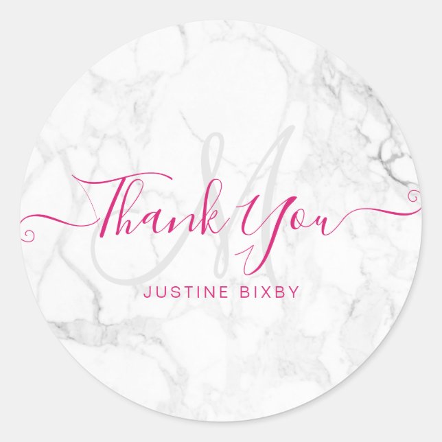 PixDezines Monogram Marble Chic Script Thank You Classic Round Sticker (Front)