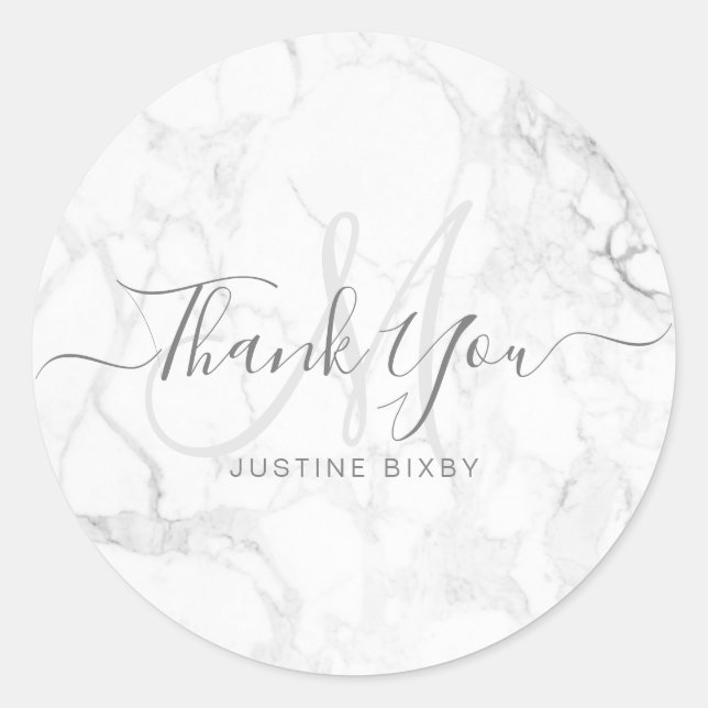 PixDEzines Monogram Marble Elegant ScriptThank You Classic Round Sticker (Front)