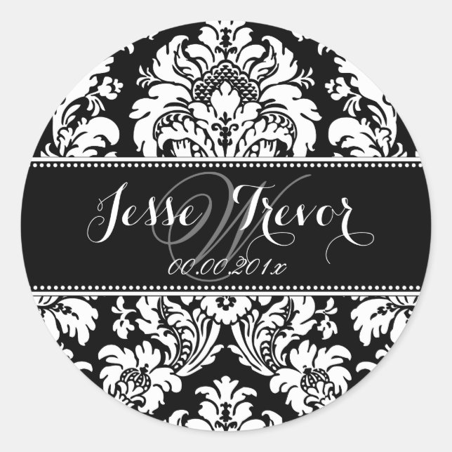 PixDezines Monogram Moiré Damask, DIY colour Classic Round Sticker (Front)