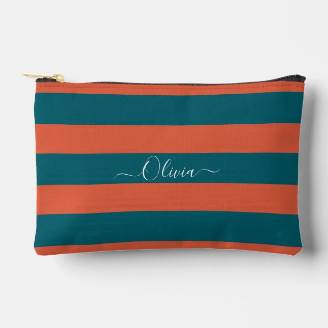 PixDezines Monogram Stripe Teal Rust Orange Accessory Pouch (Front)