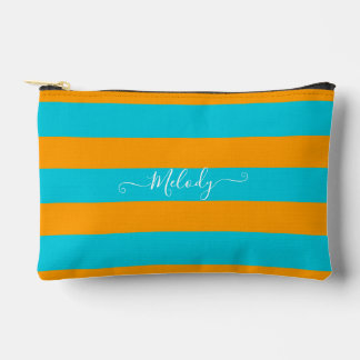 PixDezines Monogram Striped Turquoise CitrusOrange Accessory Pouch
