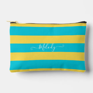 PixDezines Monogram Striped Turquoise Lemon Yellow Accessory Pouch