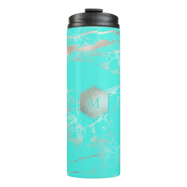 PixDezines MONOGRAM TURQUOISE SILVER VEINS Thermal Tumbler (Front)