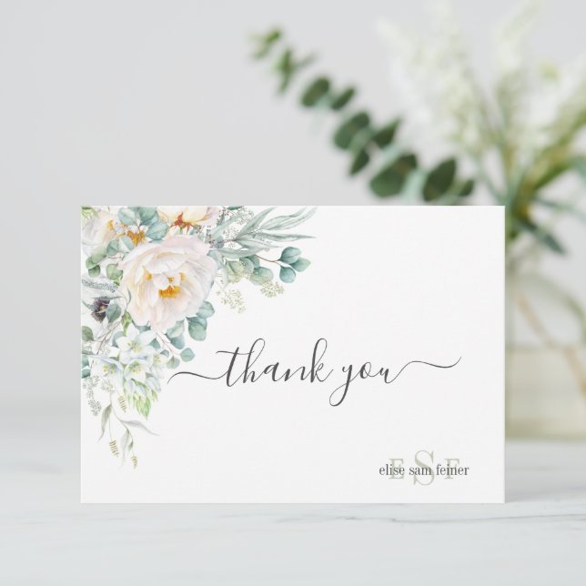 PixDezines Monogram Watercolor Peonies Anemone Thank You Card (Standing Front)
