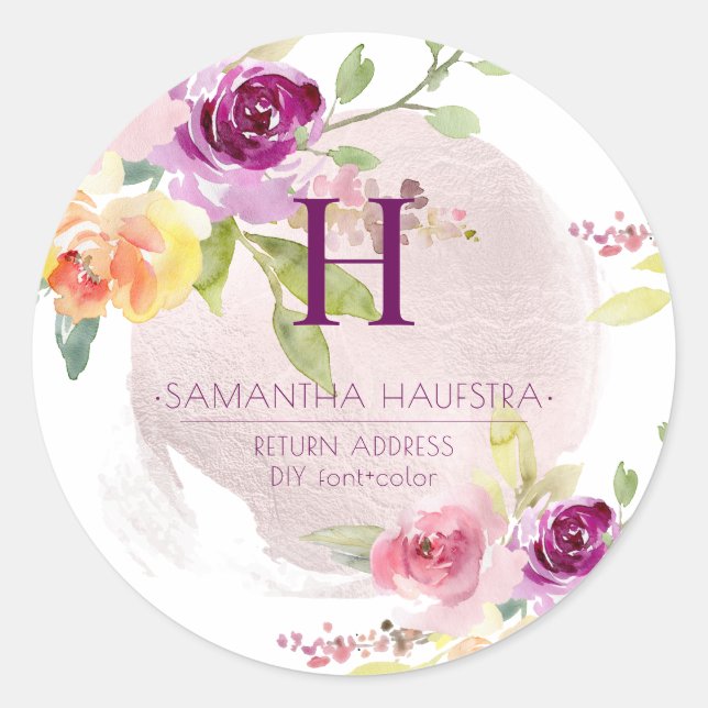 PixDezines Monogram, Watercolor Summer Roses Classic Round Sticker (Front)