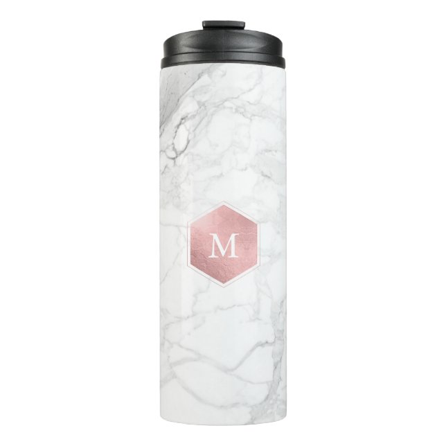PixDezines MONOGRAM WHITE MARBLE+ROSE GOLD Thermal Tumbler (Front)