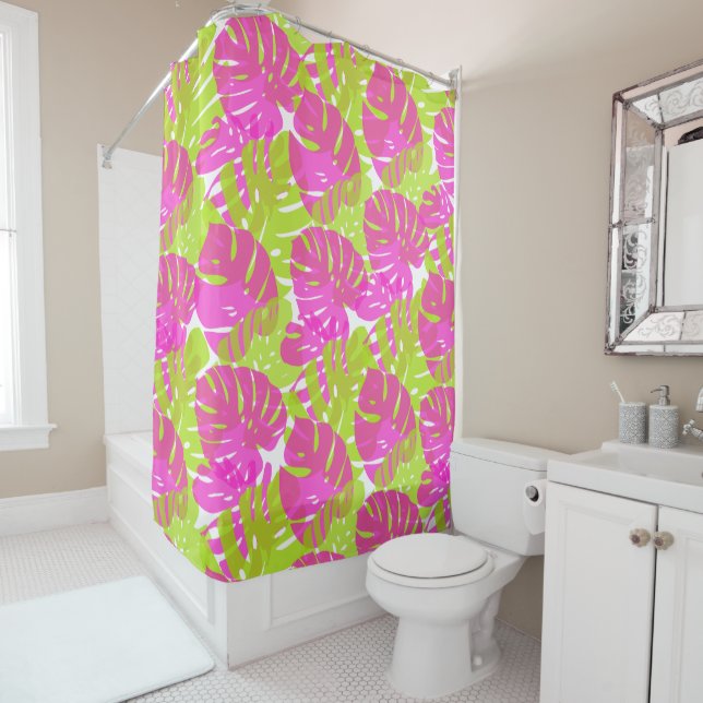 PixDezines Monstera/Lime/Neon Pink/DIY Background Shower Curtain (In Situ)