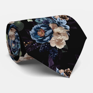 PixDezines Moody Botanical Blue Cream Flowers Tie