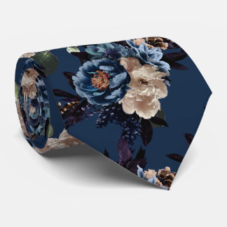 PixDezines Moody Botanical Blue Cream Flowers Tie