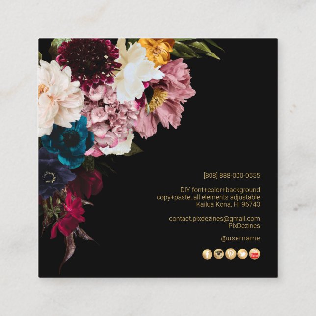 PixDezines Moody Botanical Flowers Square Business Card (Back)