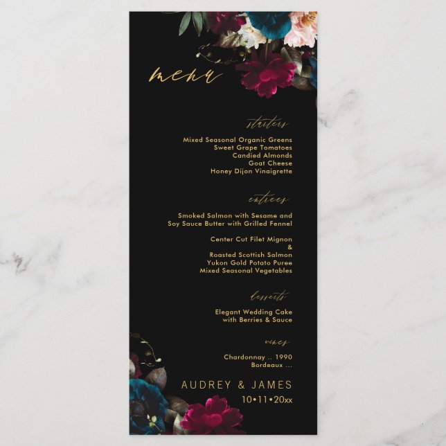 PixDezines Moody Botanical Teal Anemone Burgundy Menu (Front)