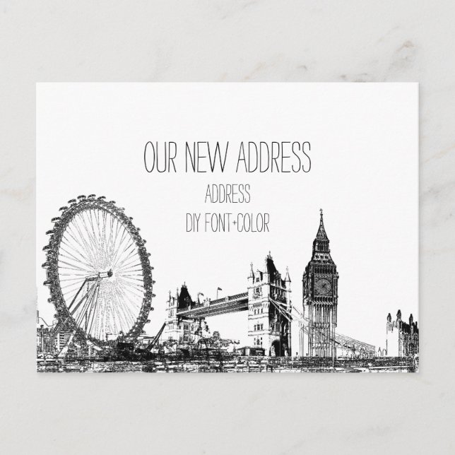 PixDezines/moving/london citiscape/sketched Announcement Postcard (Front)