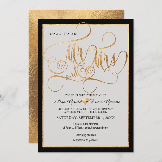 PixDezines Mr Mrs Faux Gold Fancy Script Invitation (Front/Back)
