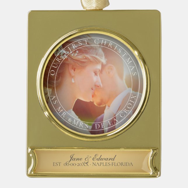 PixDezines Mr & Mrs First Christmas Wedding Photo Gold Plated Banner Ornament (Front)