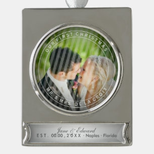 PixDezines Mr & Mrs First Christmas Wedding Photo Silver Plated Banner Ornament