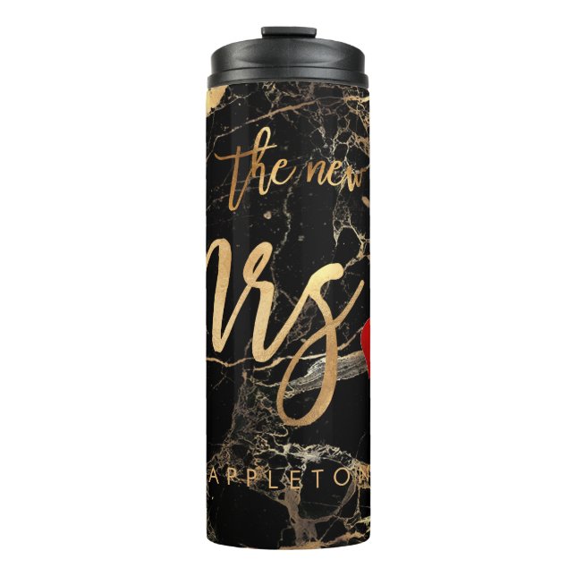 PixDezines Mrs. BLACK MARBLE FAUX GOLD VEINS Thermal Tumbler (Front)