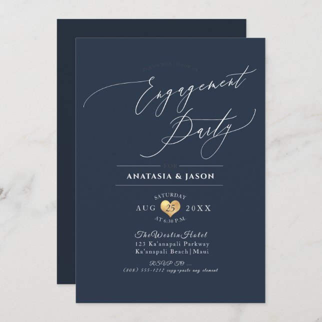 PixDezines Navy Blue Calligraphy Engagement Party Invitation (Front/Back)