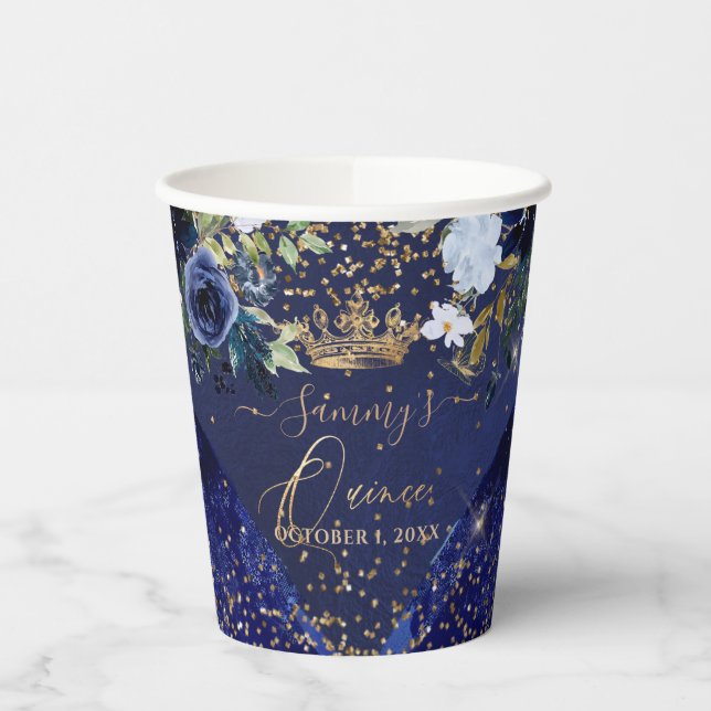 PixDezines Navy Blue Gold Glitter QuinceDress Pape Paper Cups (Left)