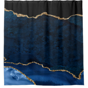 PixDezines Navy Blue H2 Agate Faux Gold Veins Shower Curtain