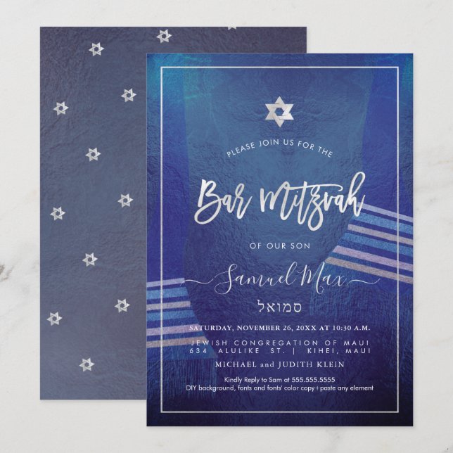 PixDezines Navy Blue+Platinum Talitz Bar Mitzvah Invitation (Front/Back)