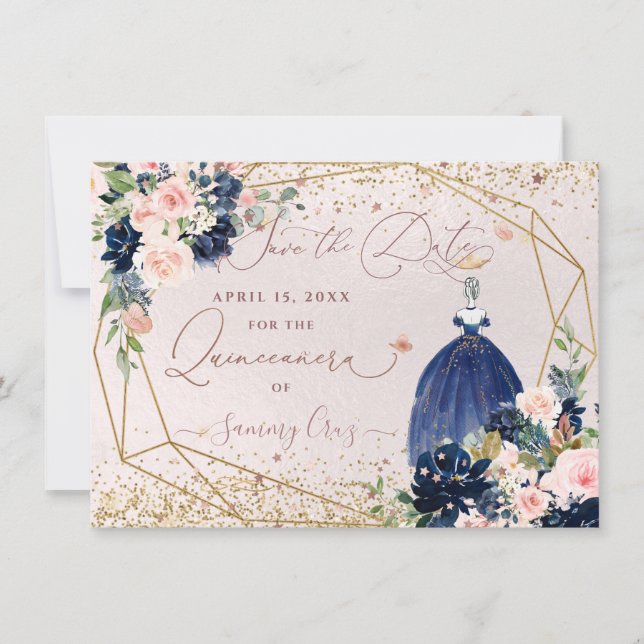 PixDezines Navy Blue Save the Date Quinceanera Invitation (Front)