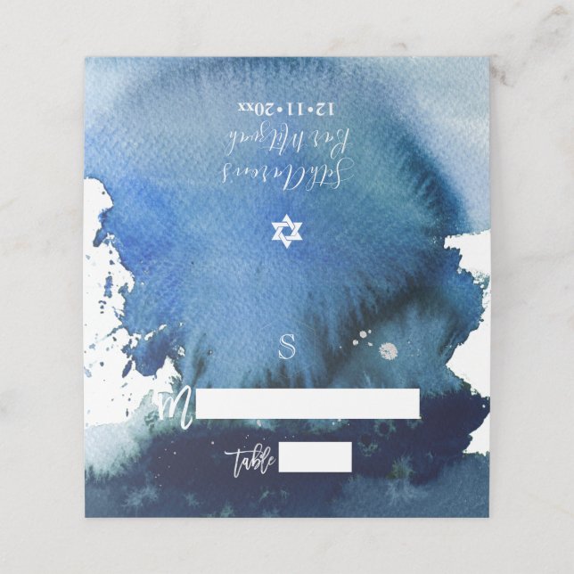 PixDezines Navy Blue Watercolor Bar Mitzvah Place Card (Outside Unfolded)