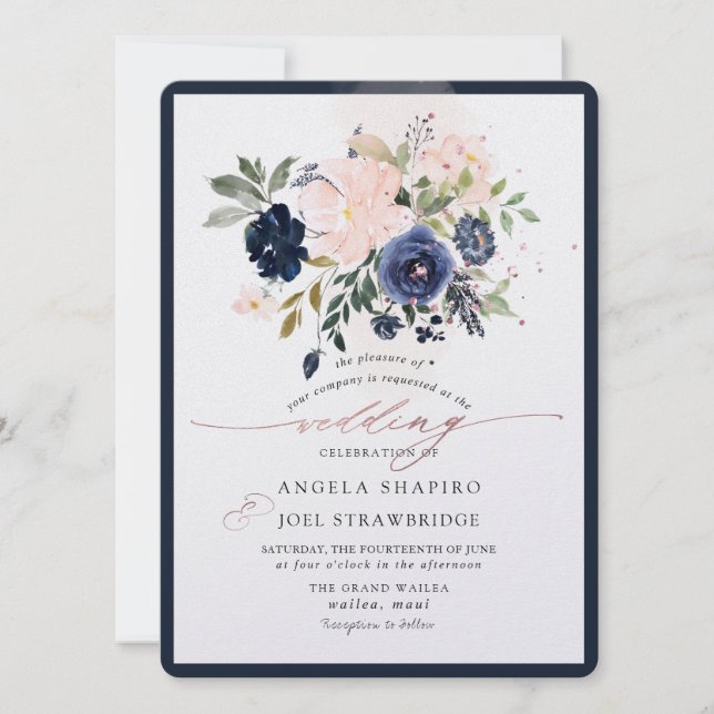 PixDezines Navy Blush Watercolor Flowers Invitatio Invitation (Front)