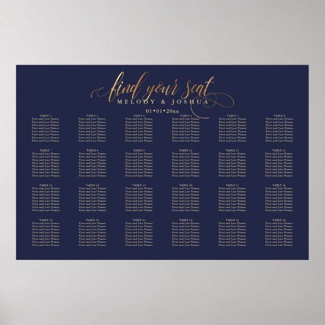 PixDezines Navy+Gold Calligraphy, Seating Chart (Front)