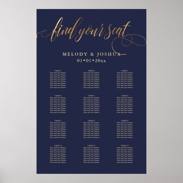PixDezines Navy+Gold Calligraphy, Seating Chart (Front)