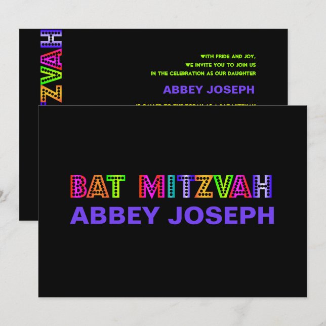 PixDezines Neon Lights Bat Mitzvah Invitation (Front/Back)