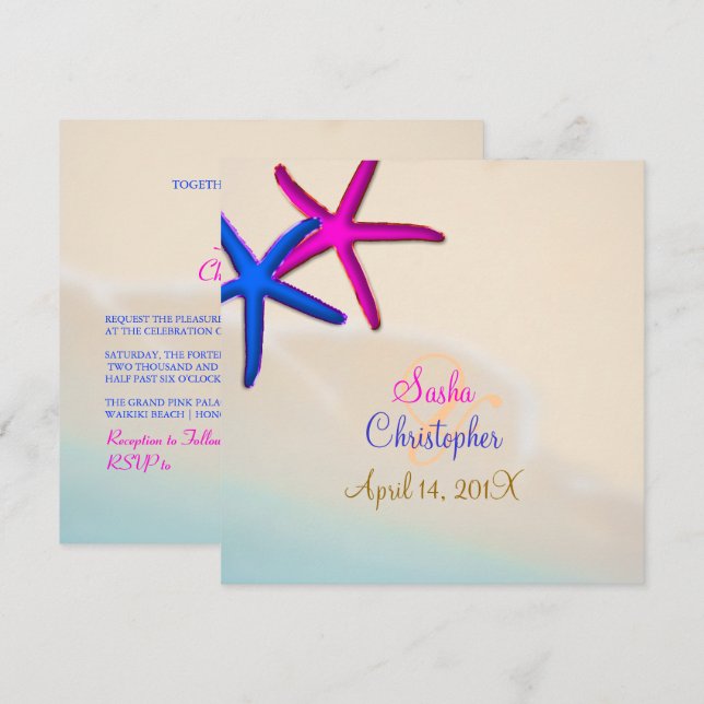 PixDezines Neon Starfish/Beach Wedding Invitation (Front/Back)
